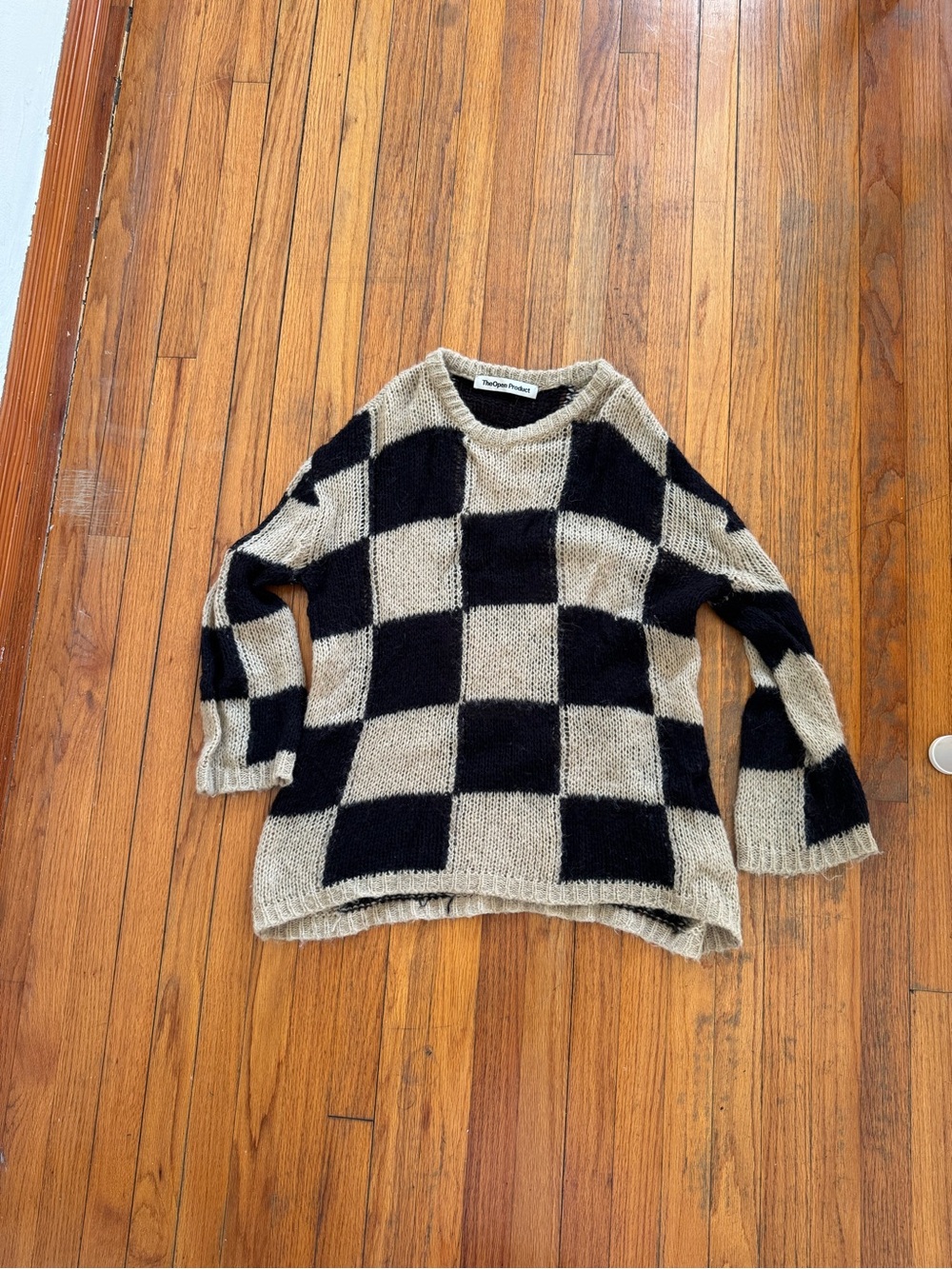 Checkerboard Knit Sweater Cardigan - Beige & Black